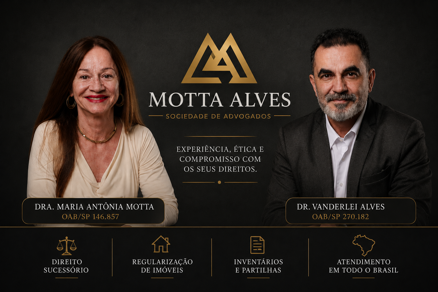 Equipe Motta Alves Sociedade de Advogados — Dra. Maria Antônia Motta (OAB/SP 146.857) e Dr. Vanderlei Alves (OAB/SP 270.182)
