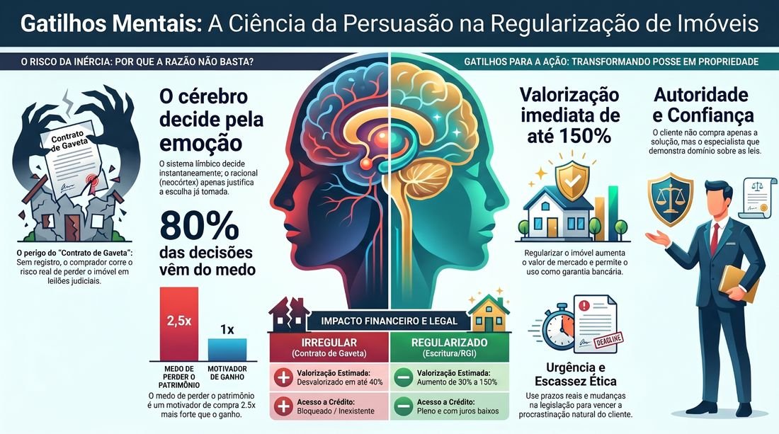 Infográfico: gatilhos mentais na regularização de imóveis — risco da inércia, medo de perder o patrimônio, valorização e autoridade